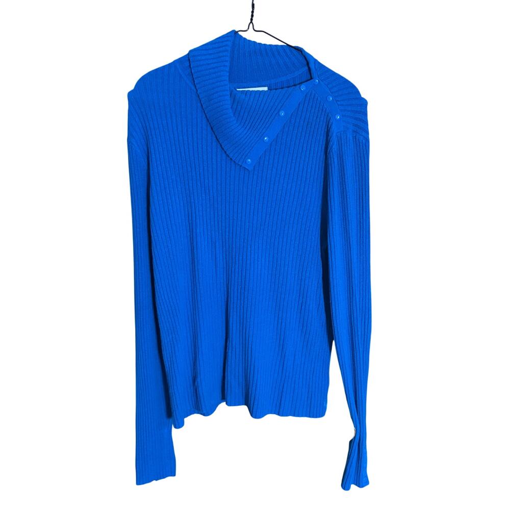 Worthington XL Cobalt Blue Ribbed Knit Sweater Asymmetrical Button Neck Classic